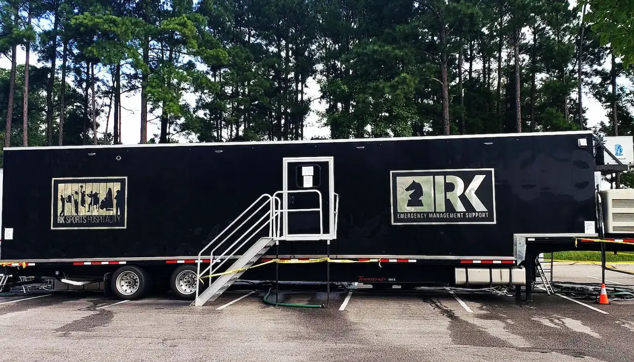 Outside of a mobile kitchen unit with staircase leading to the door